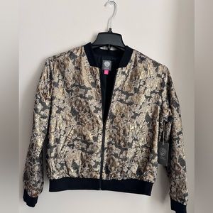 Vince Camuto Gold Foil Jacquard Metallic Bomber Jacket Black NWT Size S